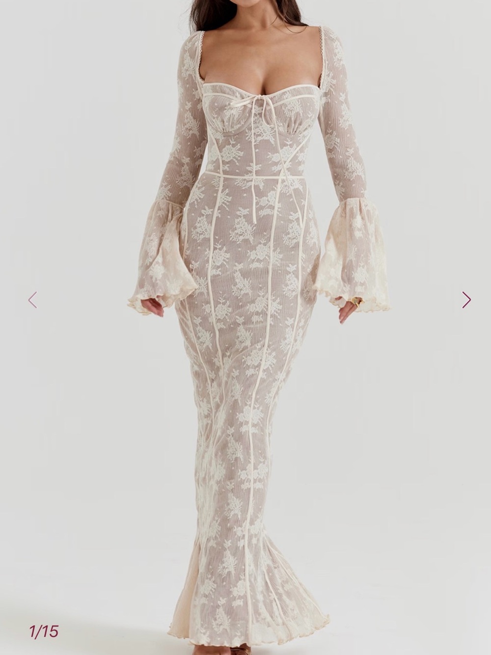 House of CB Ivory Floral Lace Long-Sleeve Mermaid Gown